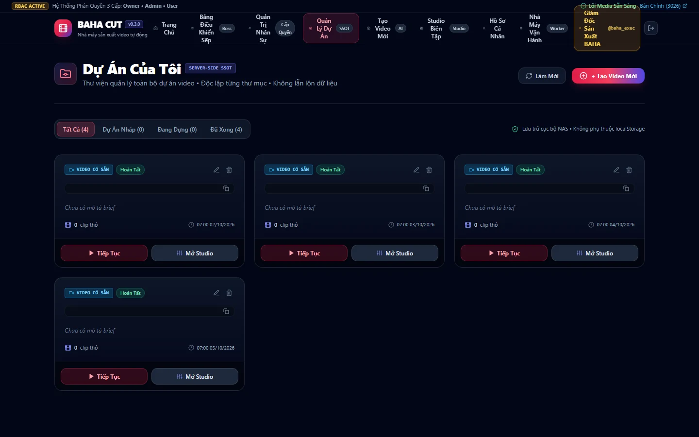 Studio quản lý danh sách kịch bản và dự án video tự động hóa