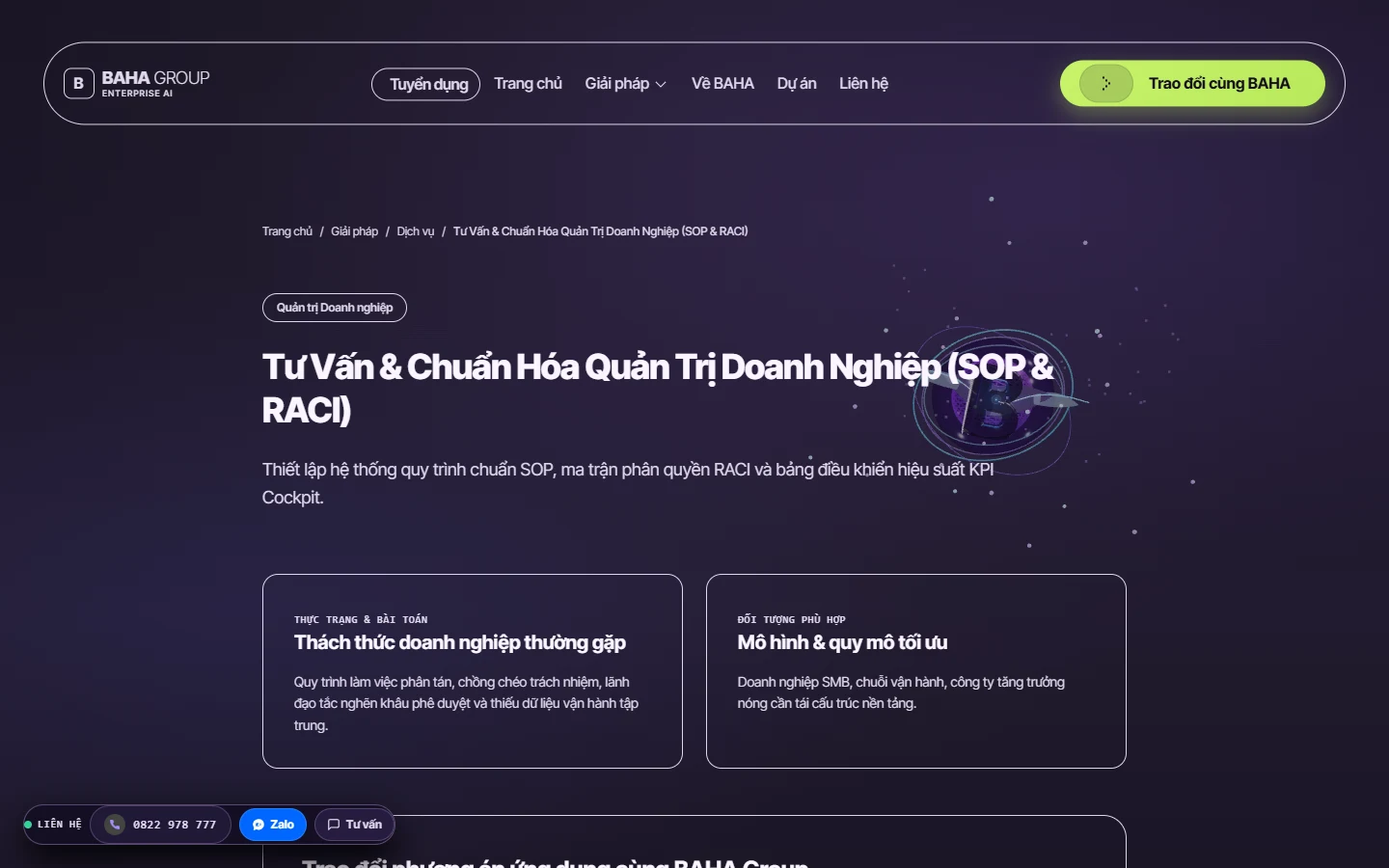 Trang chi tiết dịch vụ chuẩn hóa quản trị SOP và RACI của BAHA Group