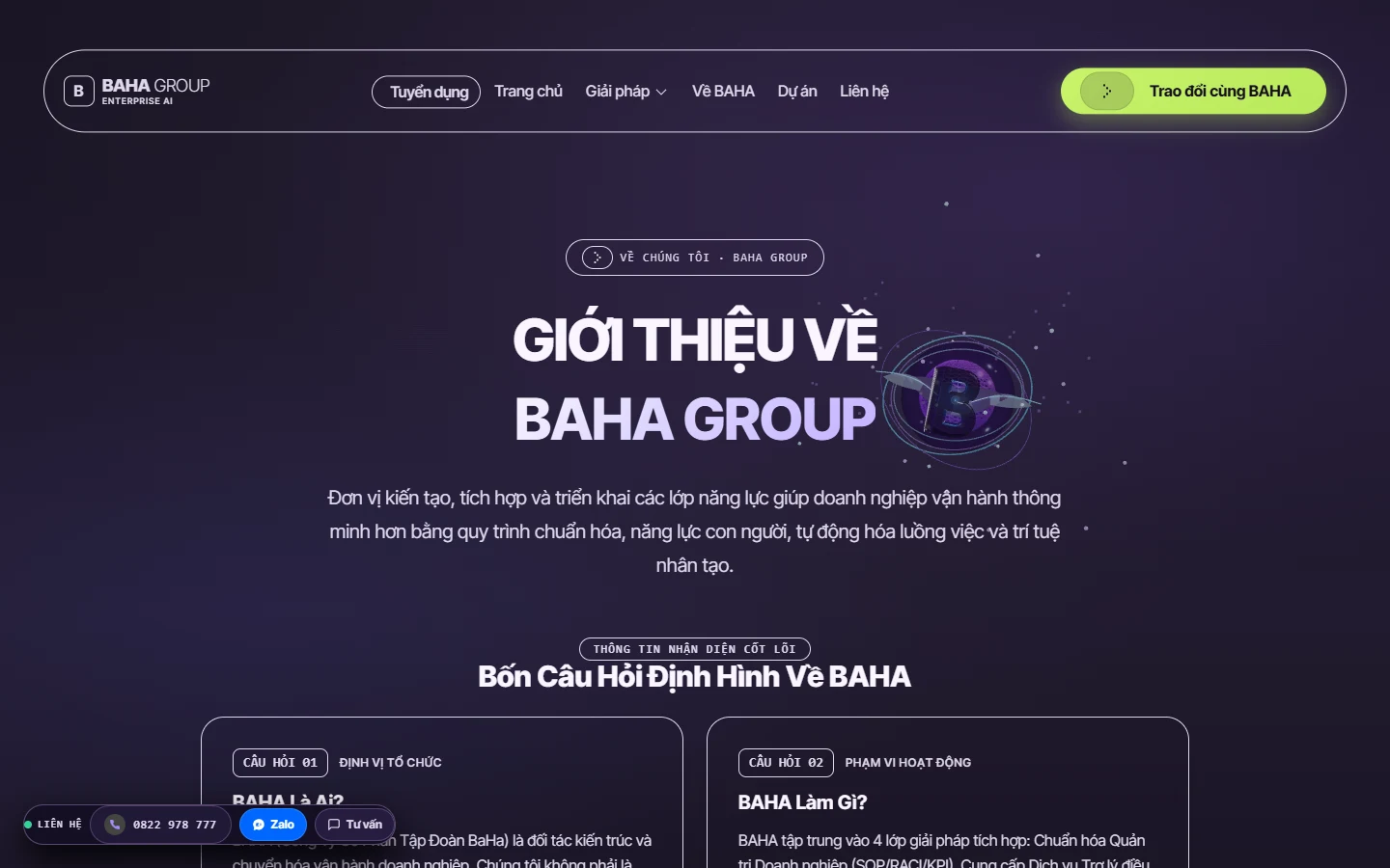 Trang giới thiệu tầm nhìn sứ mệnh và văn hóa doanh nghiệp BAHA Group